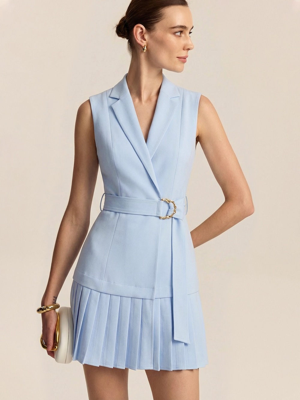 COMMENSE Belted Pleated Sleeveless Blazer Mini Dress